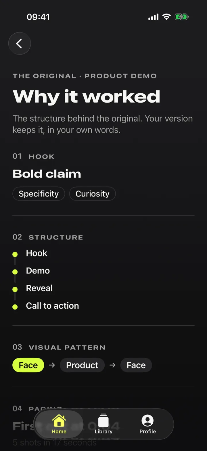The Why it worked screen: the original video's hook, structure and visual pattern, broken down.