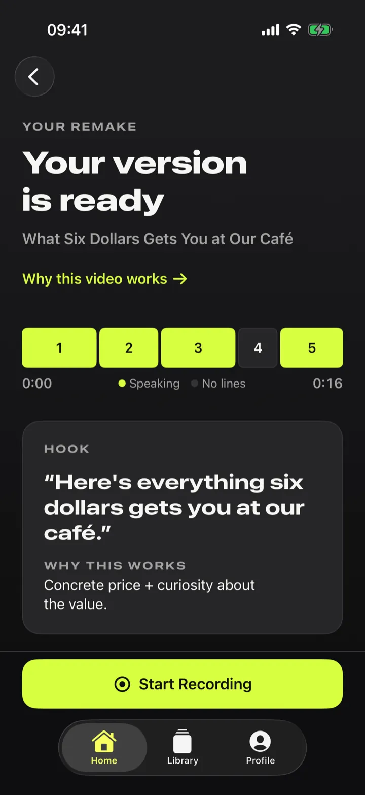 The Your version is ready screen: a five-scene plan with a new hook written for a café.